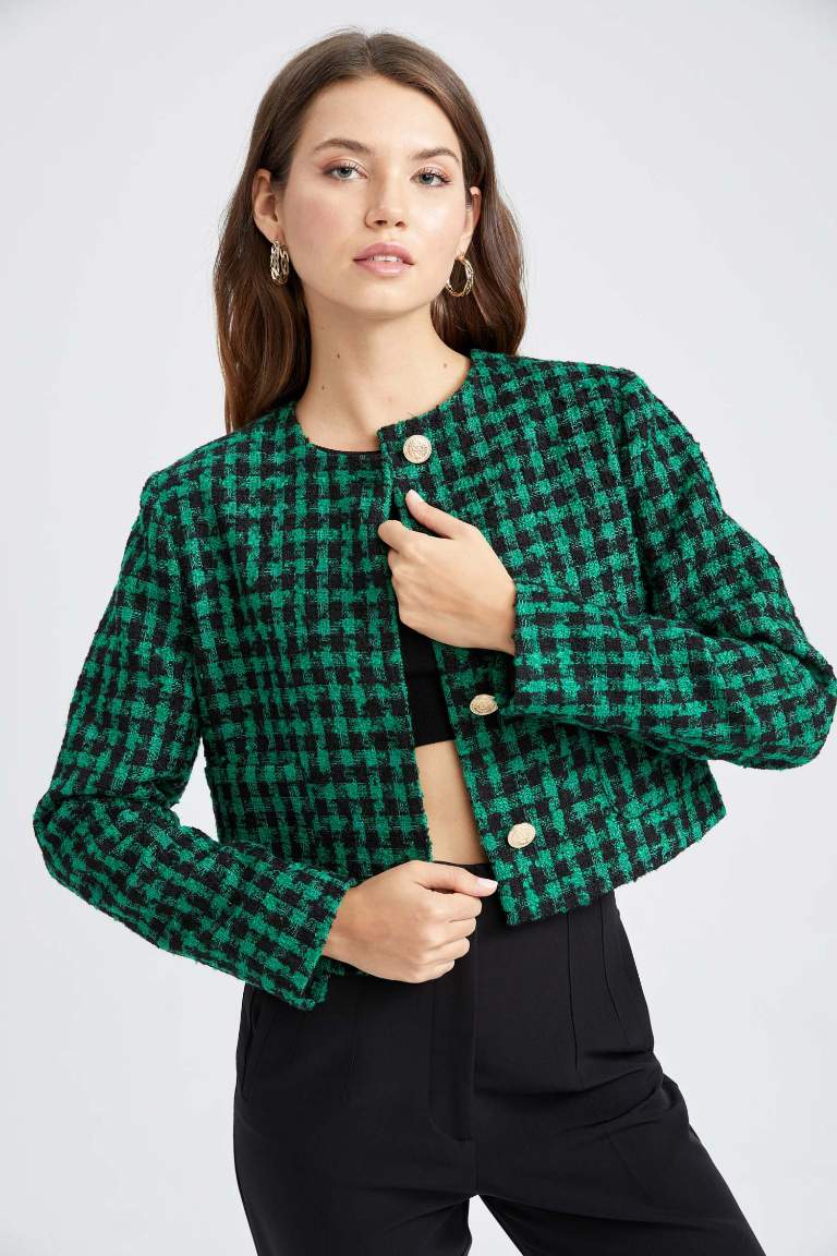 Cropped Fit Bisiklet Yaka Tweed Blazer Ceket