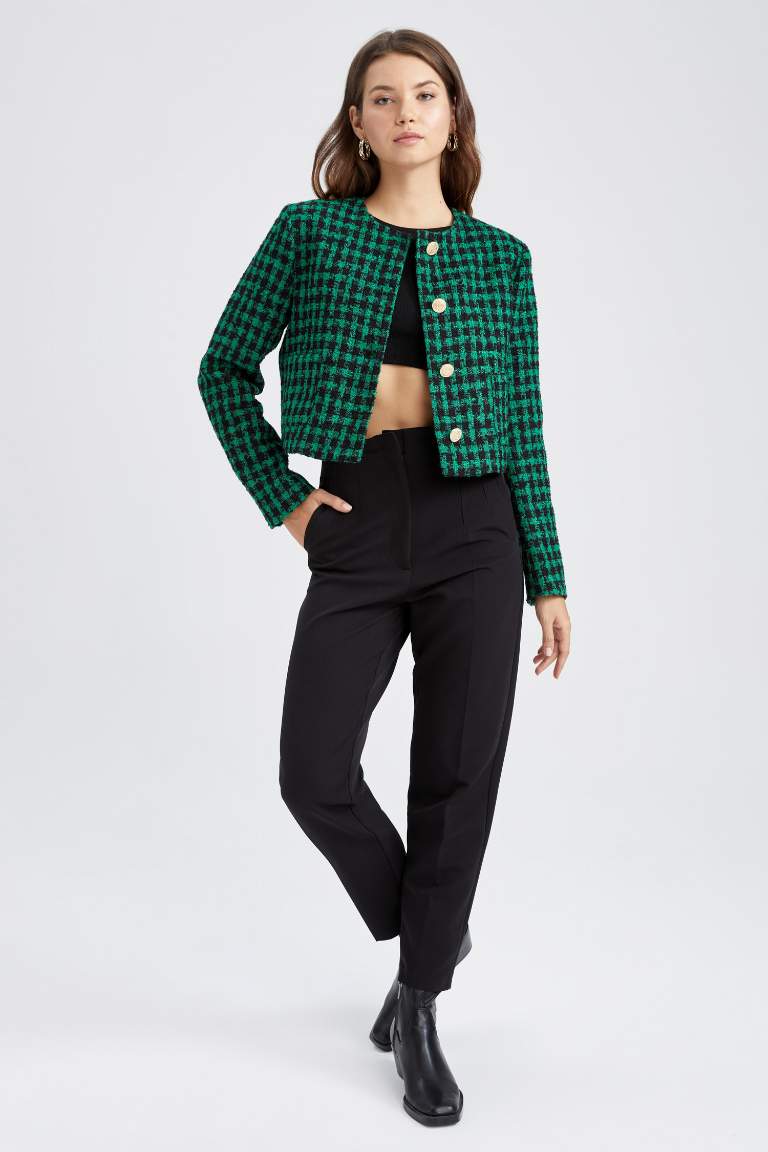 Cropped Fit Bisiklet Yaka Tweed Blazer Ceket