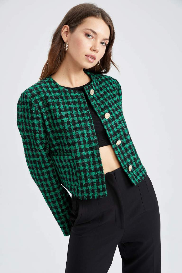 Cropped Fit Bisiklet Yaka Tweed Blazer Ceket