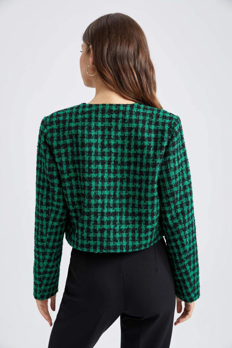 Cropped Fit Bisiklet Yaka Tweed Blazer Ceket