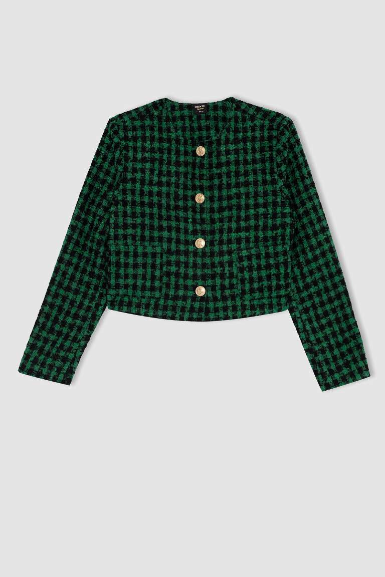 Cropped Fit Bisiklet Yaka Tweed Blazer Ceket