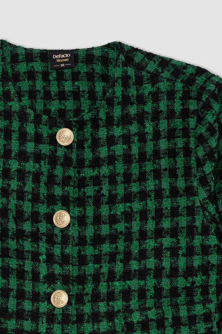 Cropped Fit Bisiklet Yaka Tweed Blazer Ceket
