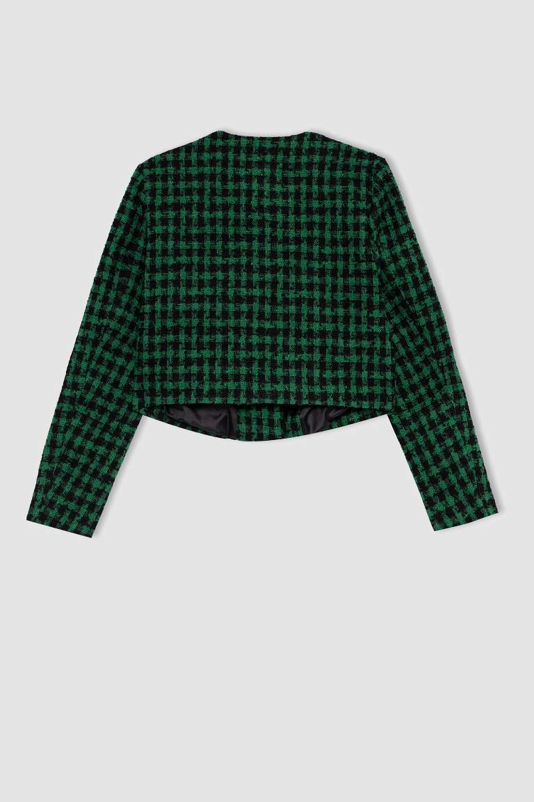 Cropped Fit Bisiklet Yaka Tweed Blazer Ceket