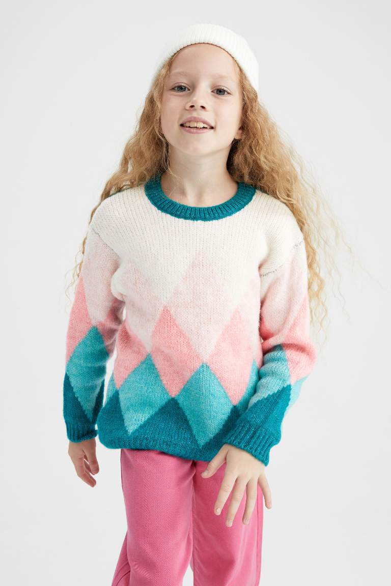 Girl Diamond Patterned Crew Neck Sweater
