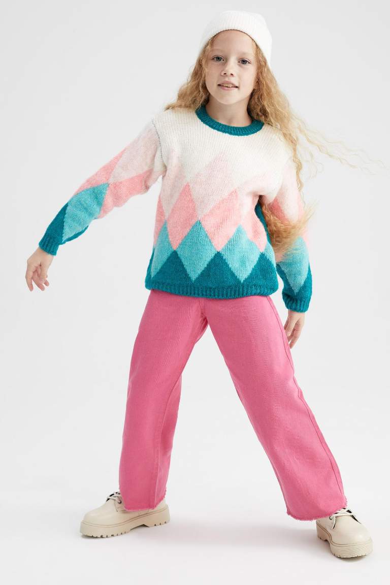 Girl Diamond Patterned Crew Neck Sweater