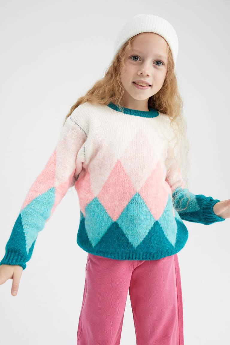 Girl Diamond Patterned Crew Neck Sweater