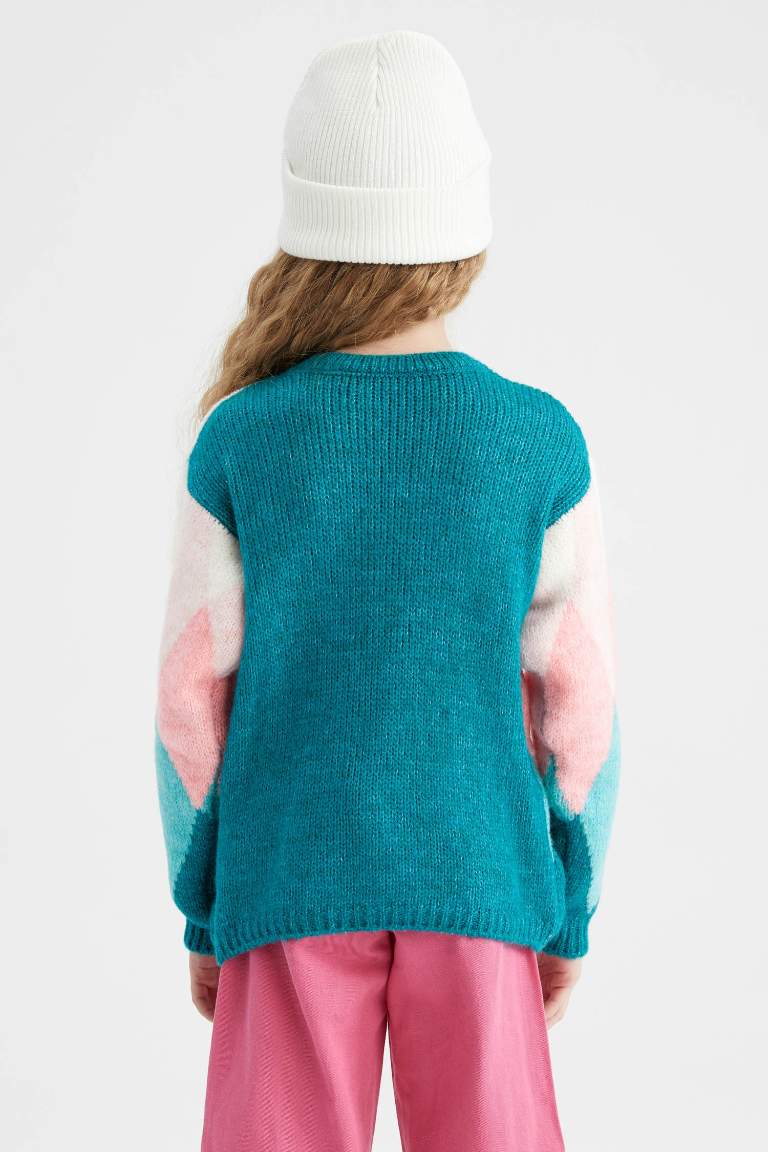 Girl Diamond Patterned Crew Neck Sweater