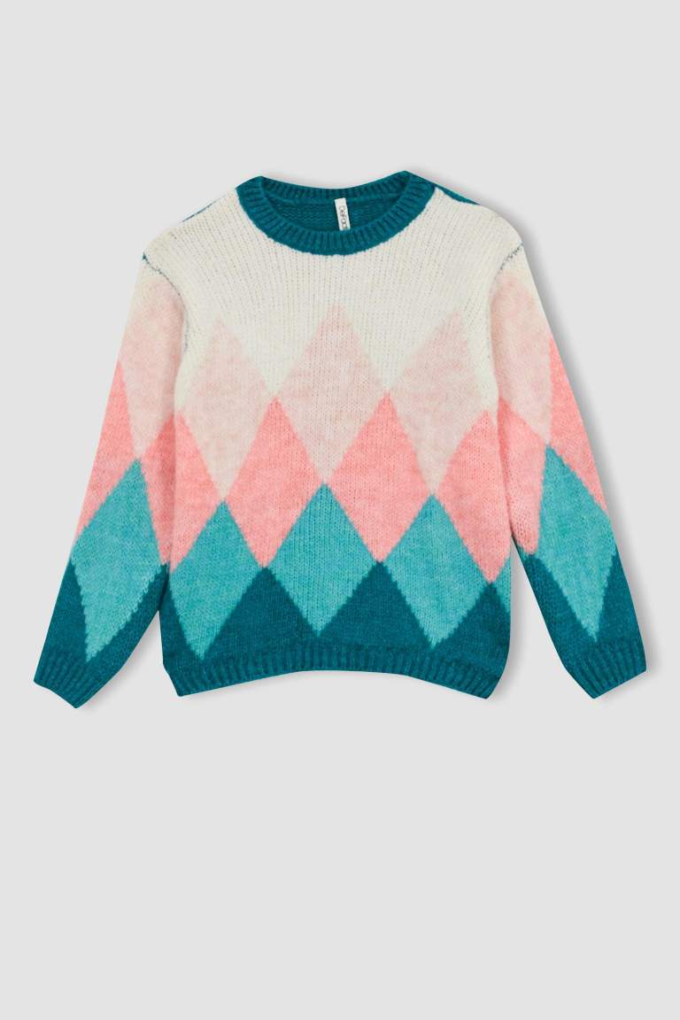 Girl Diamond Patterned Crew Neck Sweater