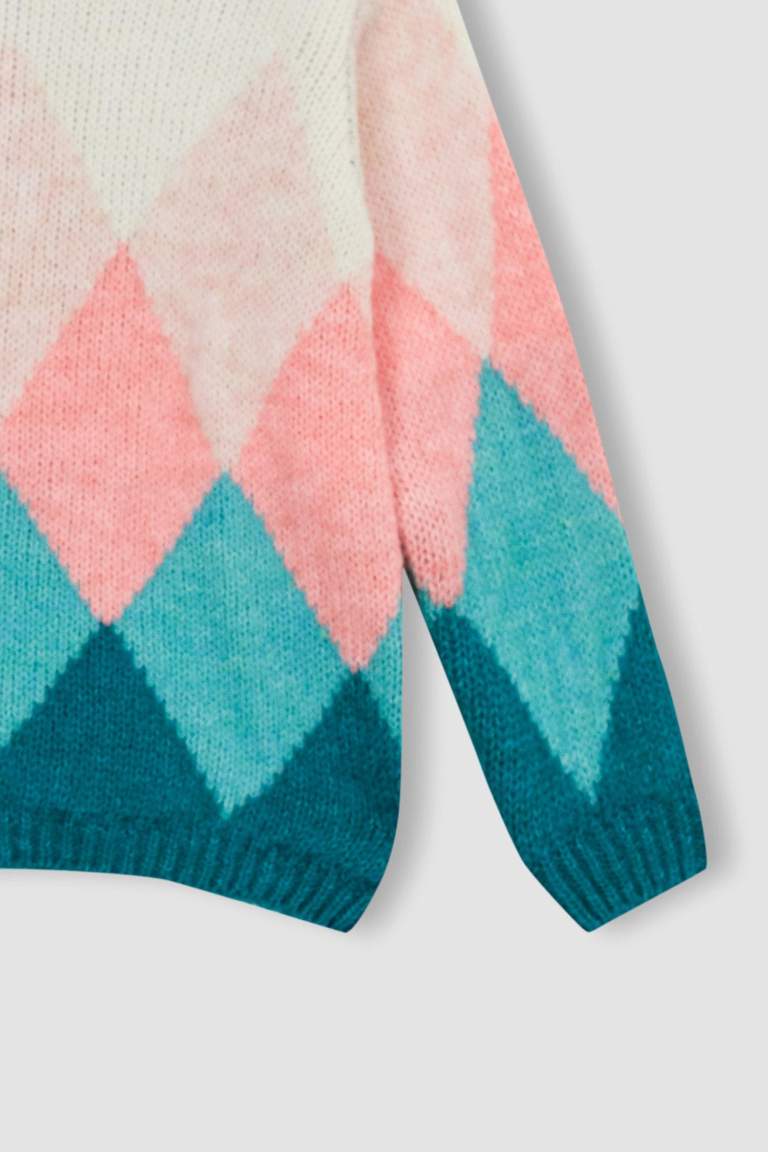 Girl Diamond Patterned Crew Neck Sweater