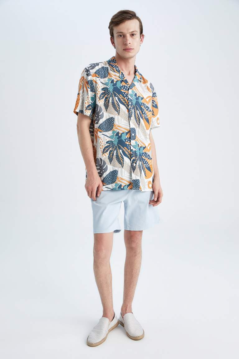 Regular Fit Apache Neck Viscose Printed Short Sleeve Shirt