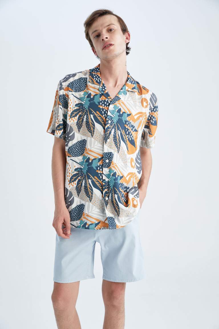 Regular Fit Apache Neck Viscose Printed Short Sleeve Shirt