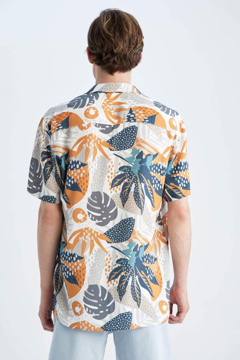 Regular Fit Apache Neck Viscose Printed Short Sleeve Shirt