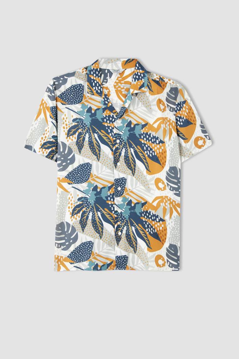 Regular Fit Apache Neck Viscose Printed Short Sleeve Shirt