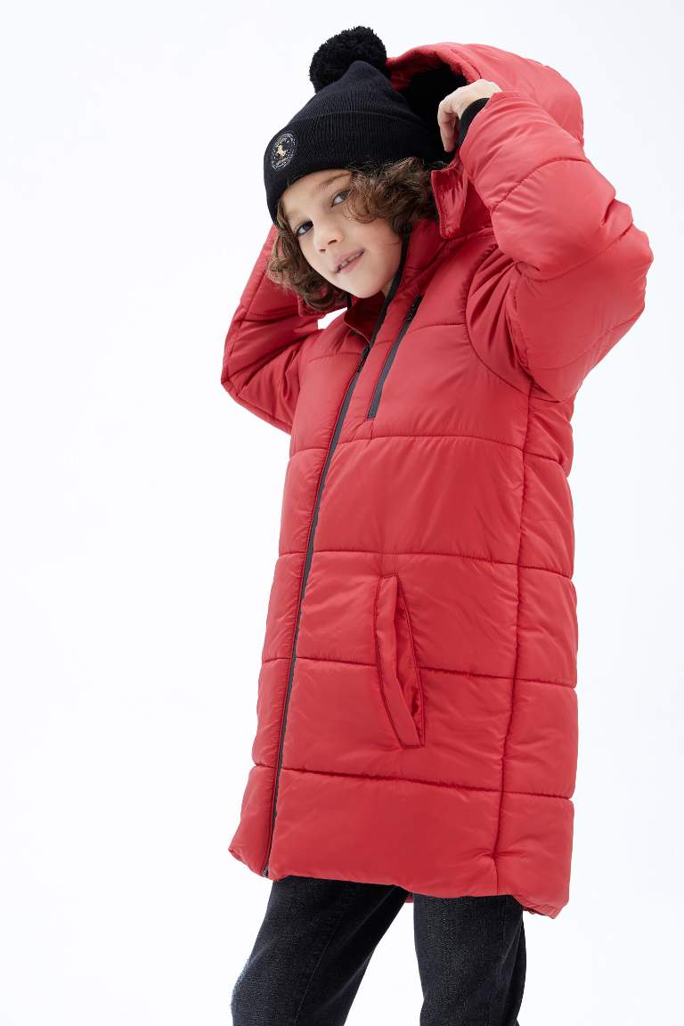 Boy Plush Lined Hooded Long Puffer Jacket