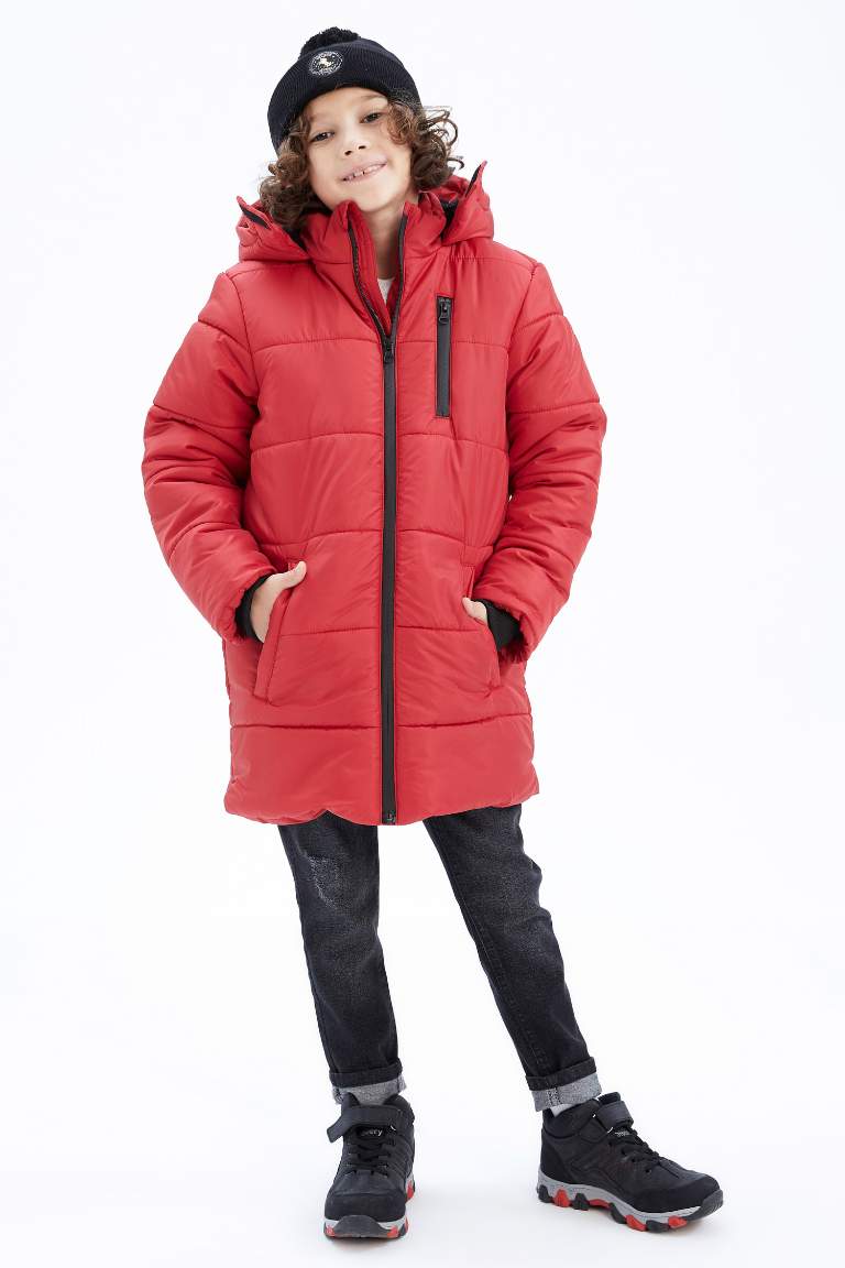 Boy Plush Lined Hooded Long Puffer Jacket