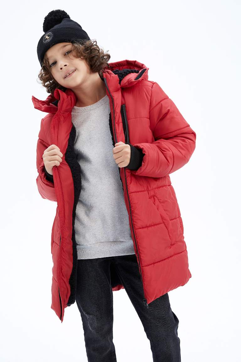 Boy Plush Lined Hooded Long Puffer Jacket