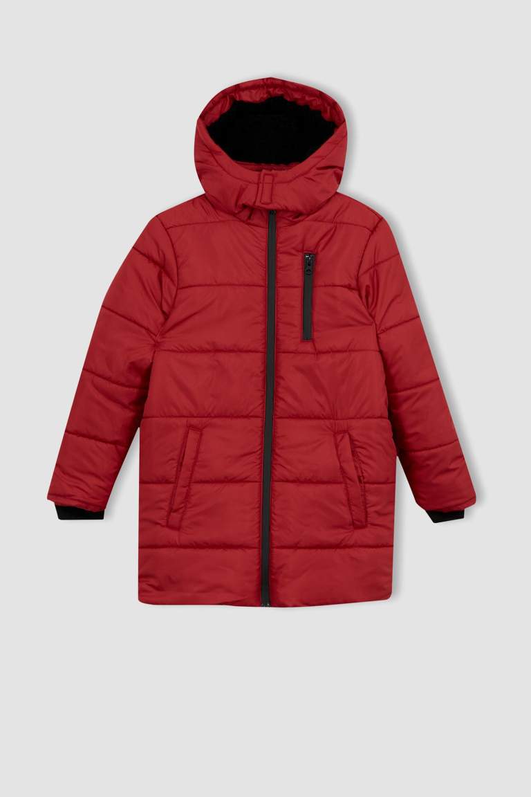 Boy Plush Lined Hooded Long Puffer Jacket