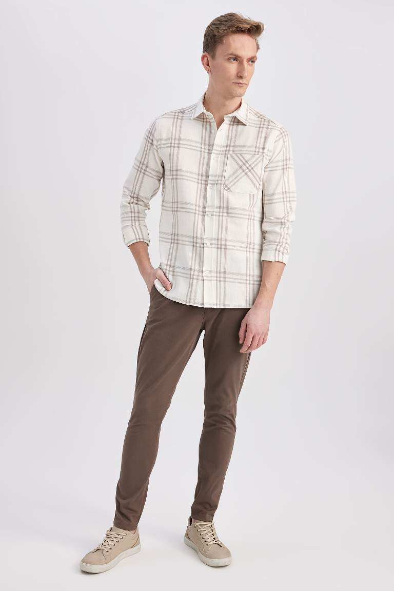 Beige Man Modern Fit Polo Neck Long Sleeve Checkered Shirt Defacto