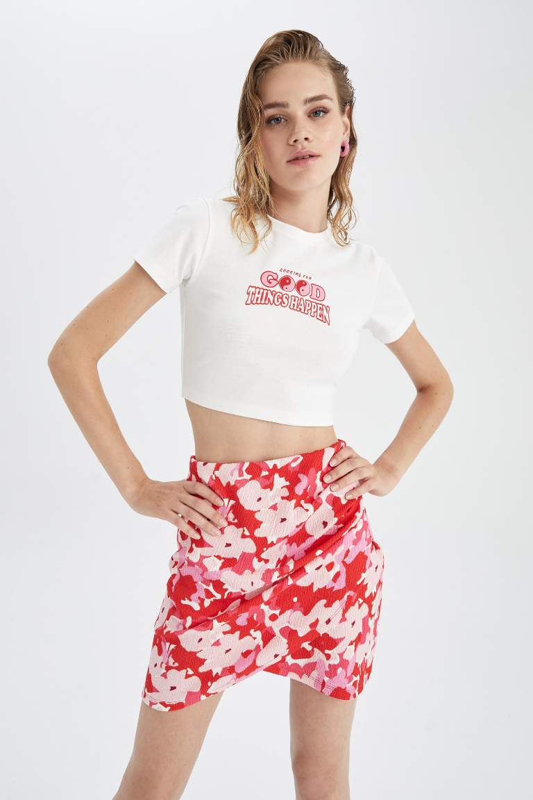 Crop Top Crew Neck Printed Short Sleeve T-Shirt