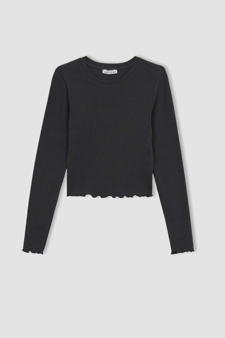Fitted Bisiklet Yaka Fitilli Kaşkorse Uzun Kollu Tişört