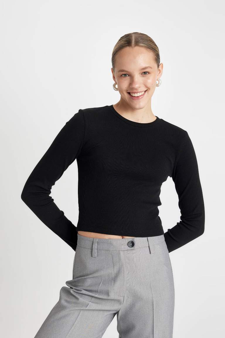 Fitted Bisiklet Yaka Fitilli Kaşkorse Uzun Kollu Tişört