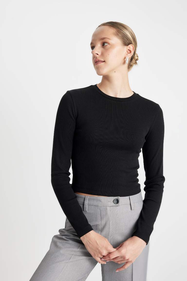 Fitted Bisiklet Yaka Fitilli Kaşkorse Uzun Kollu Tişört