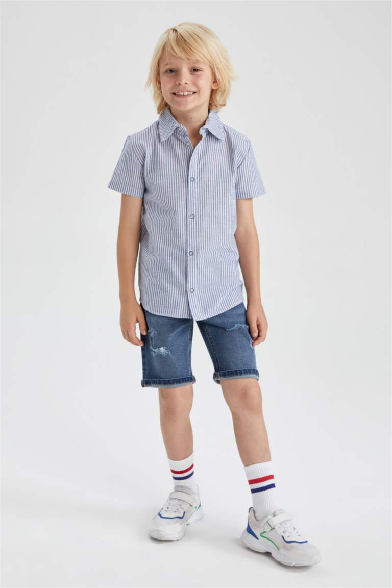 Chemise Homme Manches Courtes DDP - Bleu Rayé - Taille L - Coupe Regular - 100% Coton - Neuf Avec étiquettes