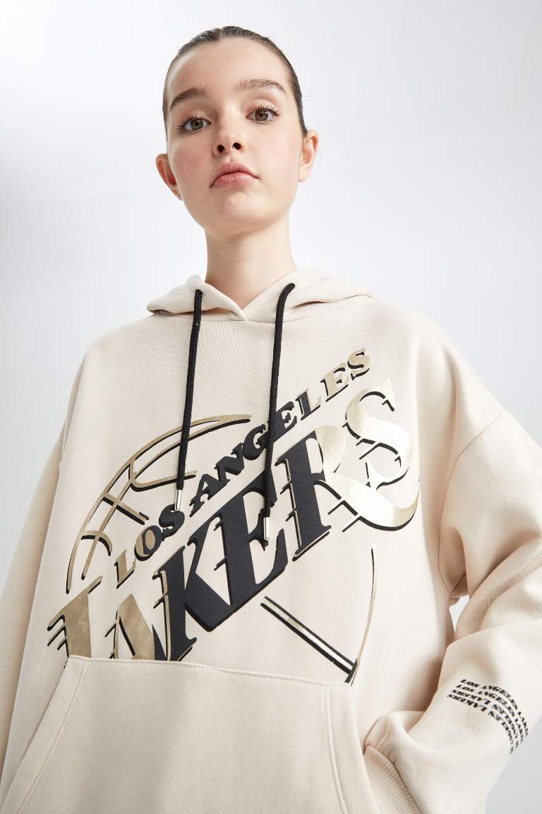 DeFactoFit NBA Los Angeles Lakers Oversize Fit Kapüşonlu Sweatshirt