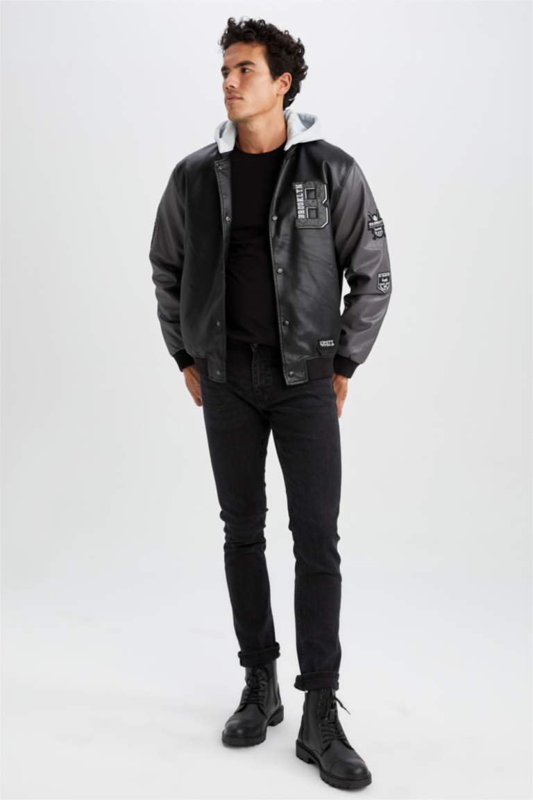 Siyah Erkek Oversize Fit Kapüşonlu Bomber Suni Deri Mont 2702897 | DeFacto