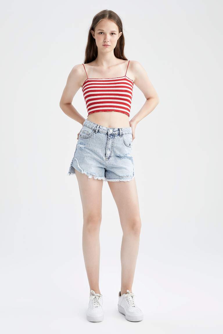 Fitted Striped Waffle Crop Top