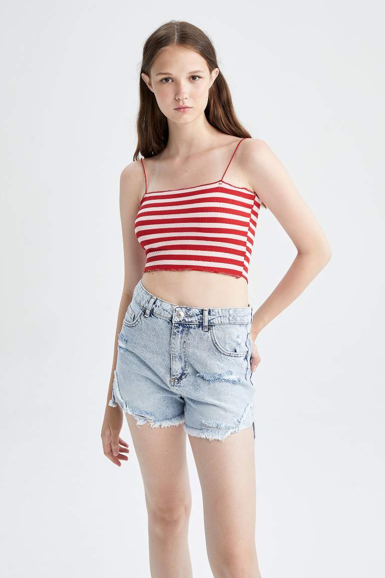 Fitted Striped Waffle Crop Top