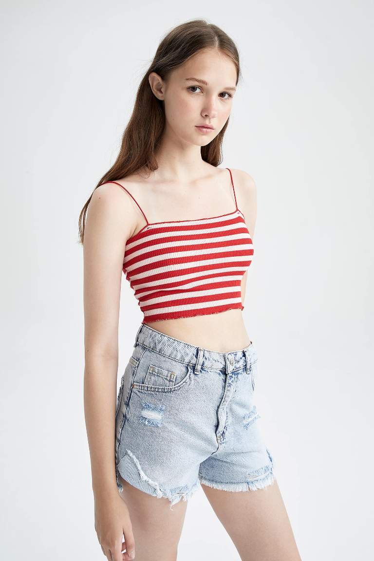 Fitted Striped Waffle Crop Top