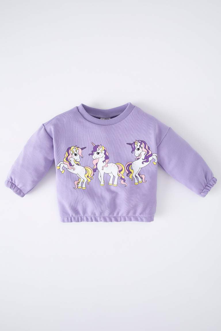 Kız Bebek Bisiklet Yaka Unicorn Baskılı Sweatshirt