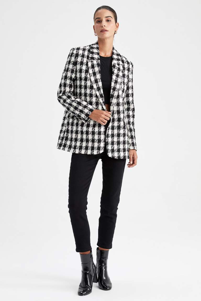 Oversize Fit Kazayağı Desenli Blazer Ceket