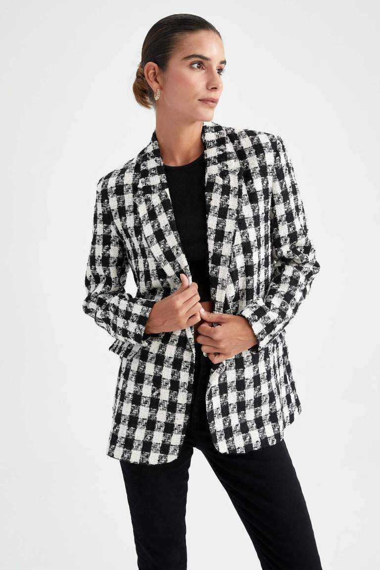 Oversize Fit Kazayağı Desenli Blazer Ceket