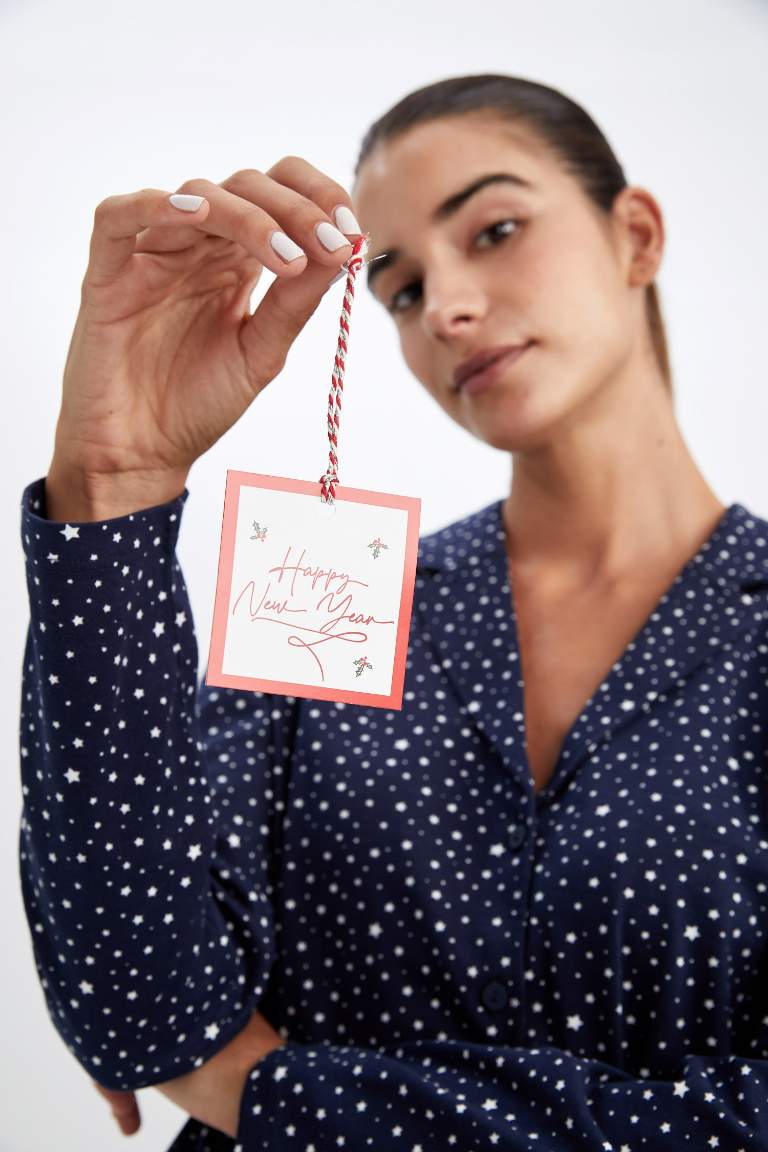 Fall in Love Yılbaşı Temalı Pijama Yaka Uzun Kollu Pijama %100 Pamuk Üstü