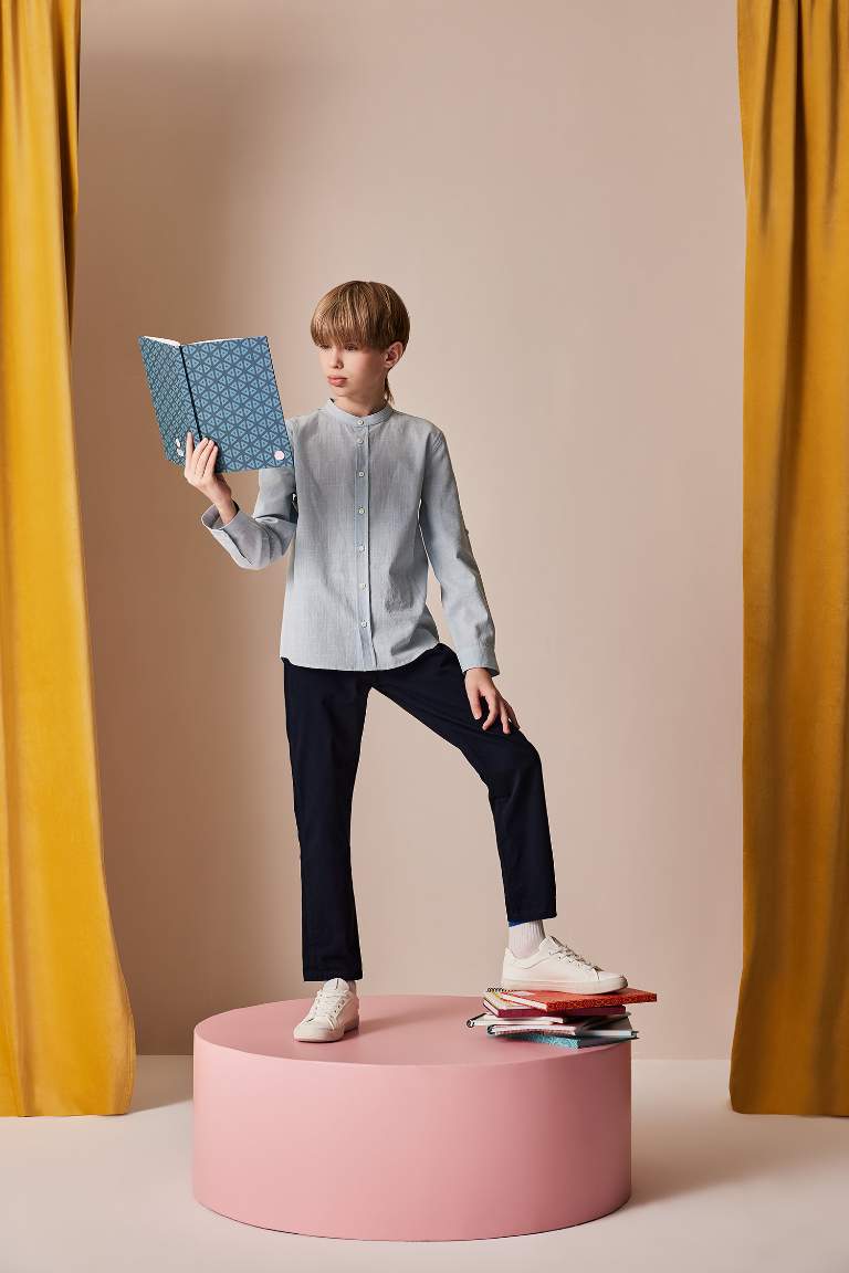 Boy Stand Collar Linen Look Long Sleeve Shirt