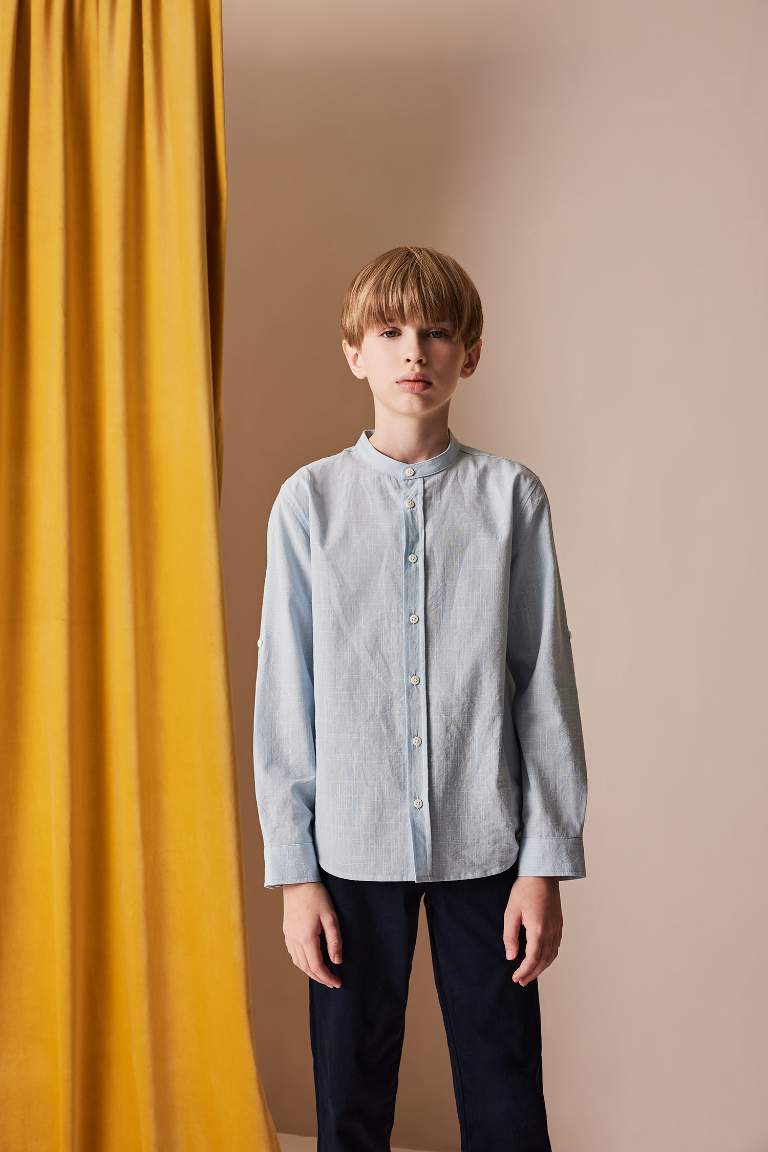 Boy Stand Collar Linen Look Long Sleeve Shirt