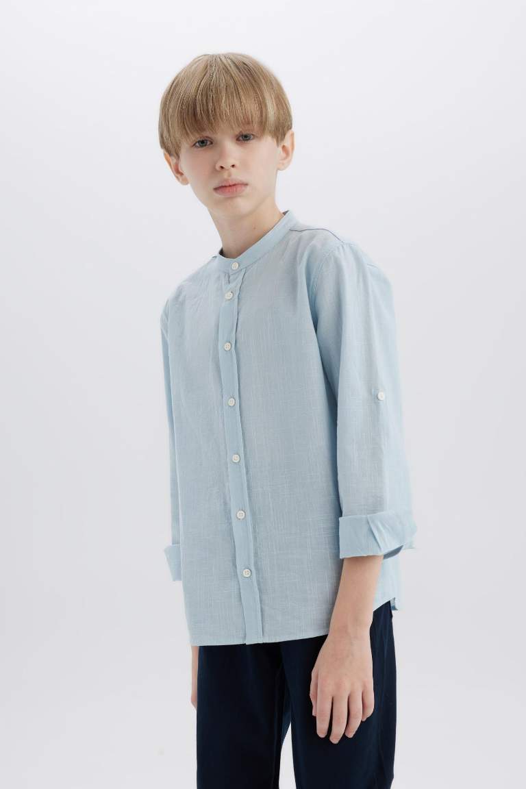 Boy Stand Collar Linen Look Long Sleeve Shirt