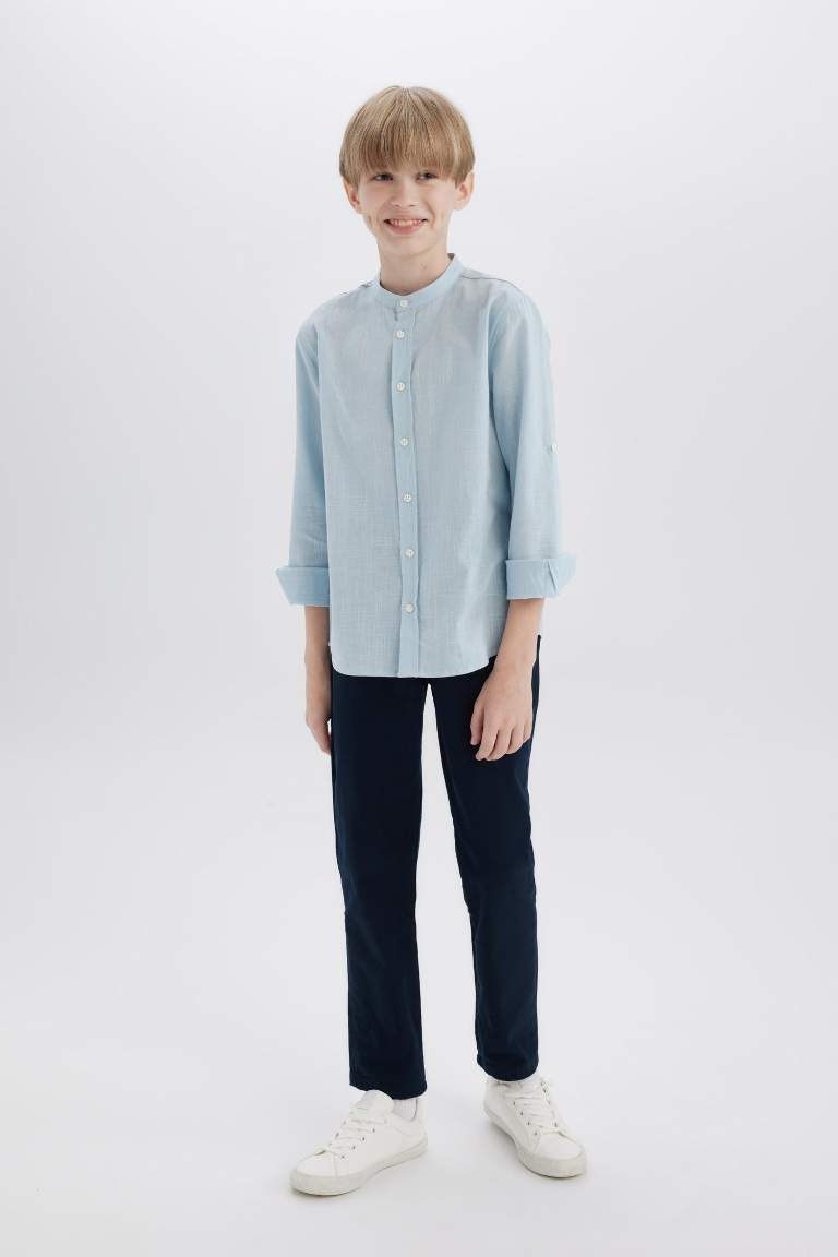 Boy Stand Collar Linen Look Long Sleeve Shirt