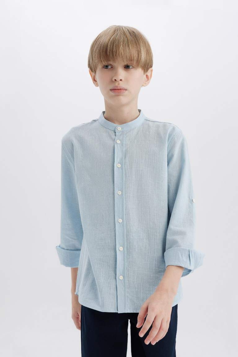 Boy Stand Collar Linen Look Long Sleeve Shirt