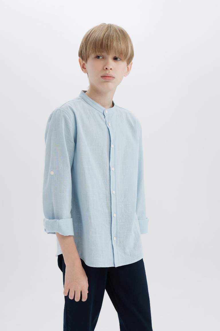 Boy Stand Collar Linen Look Long Sleeve Shirt