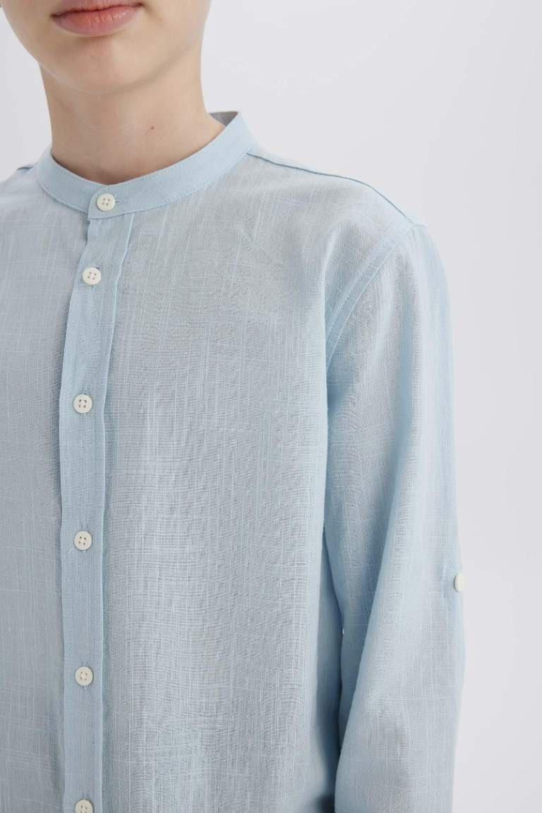 Boy Stand Collar Linen Look Long Sleeve Shirt