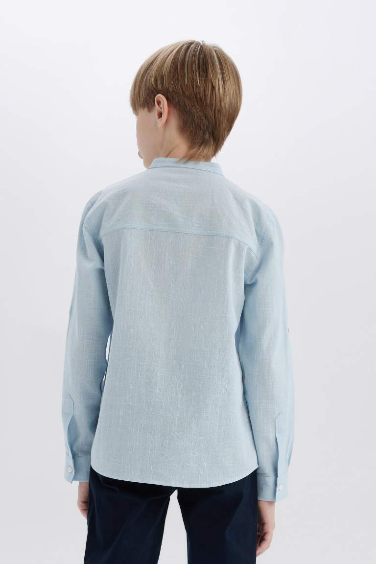 Boy Stand Collar Linen Look Long Sleeve Shirt