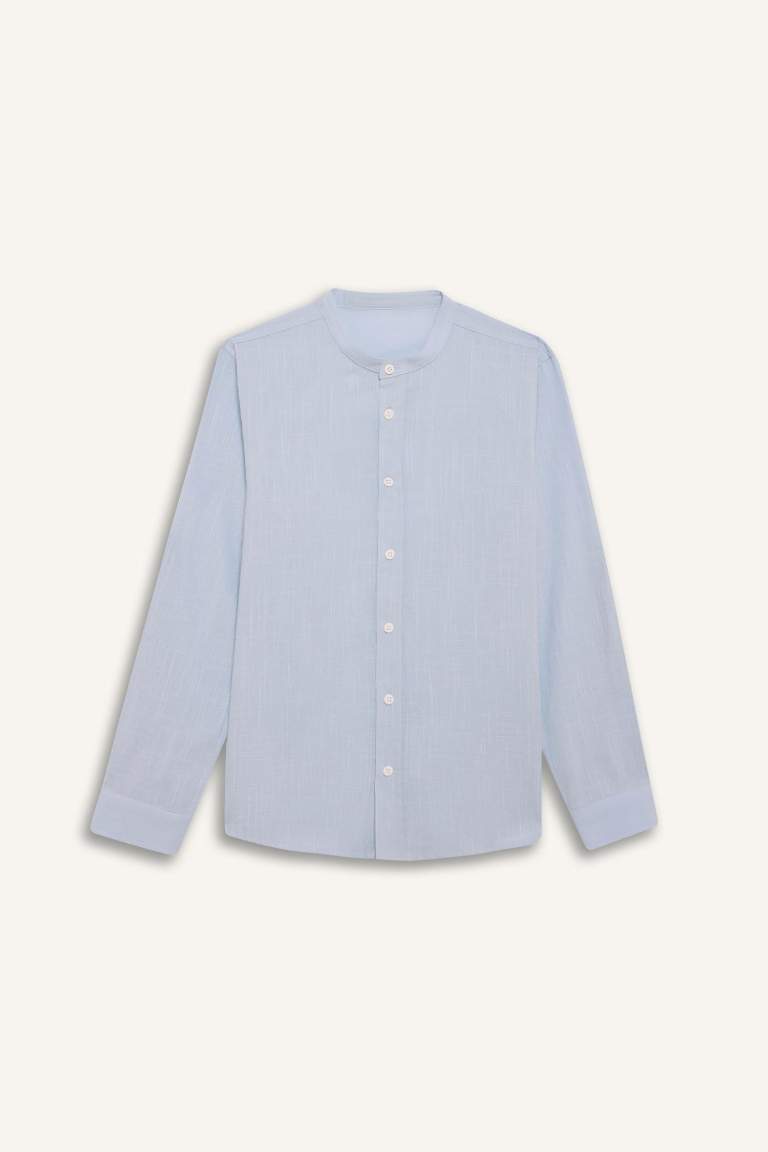 Boy Stand Collar Linen Look Long Sleeve Shirt