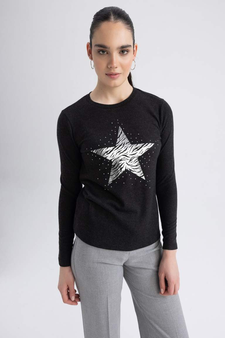 Regular Fit Crew Neck Star Patterned T-Shirt