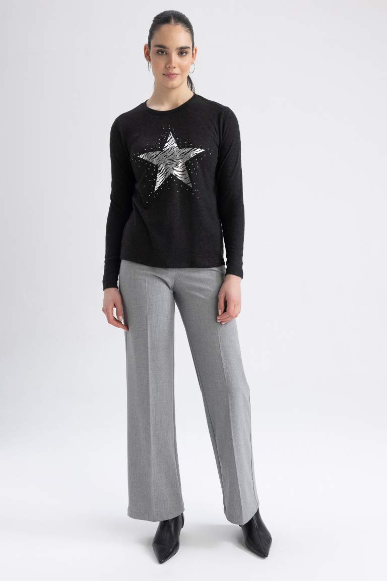 Regular Fit Crew Neck Star Patterned T-Shirt