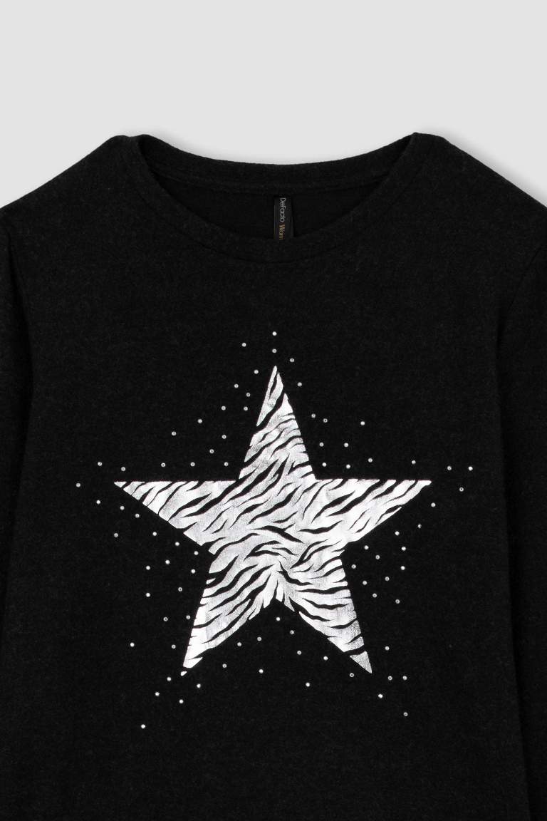 Regular Fit Crew Neck Star Patterned T-Shirt