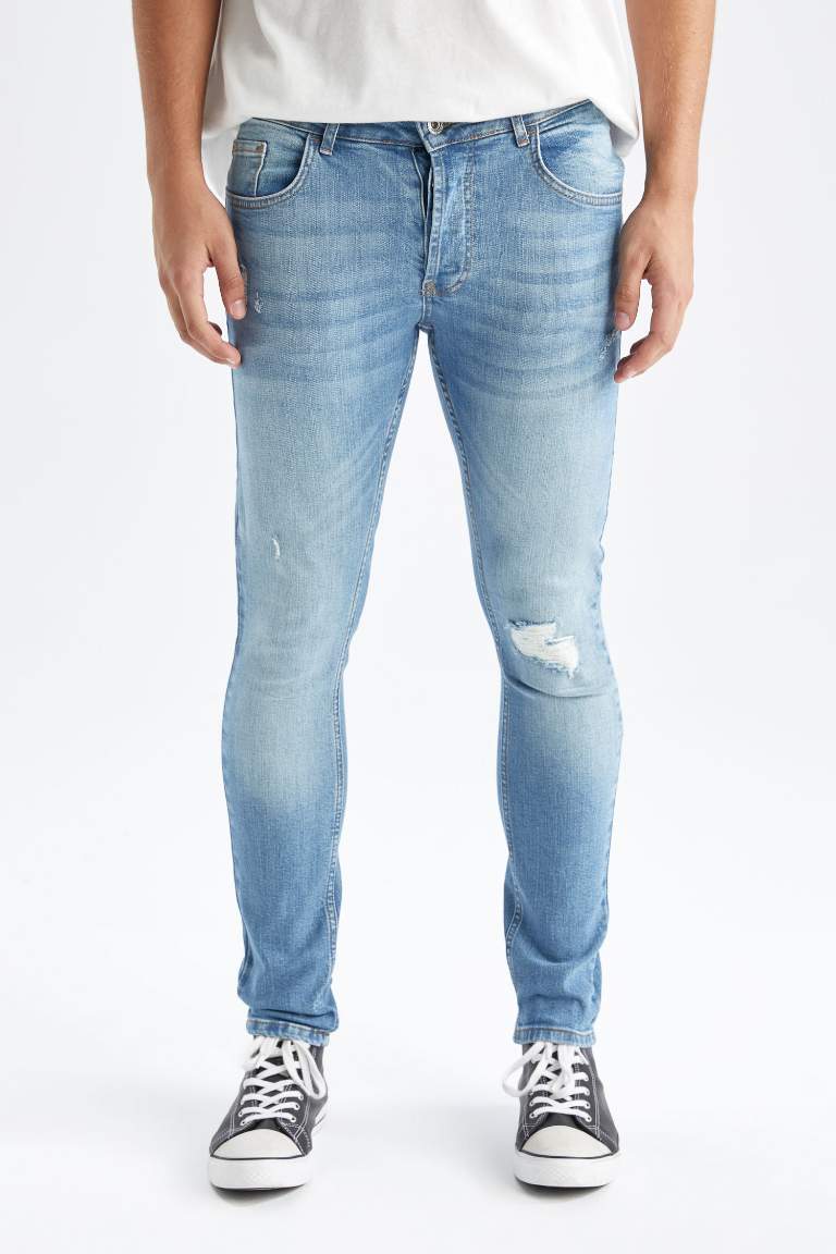 Skinny Comfort Fit Dar Rahat Kalıp Normal Bel Ekstra Dar Paça Yırtık Detaylı Jean Pantolon