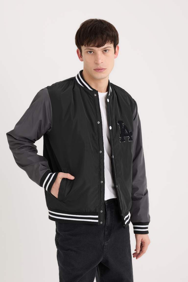 College Collar Snap Button Double Pocket Waterproof Bomber Jacket